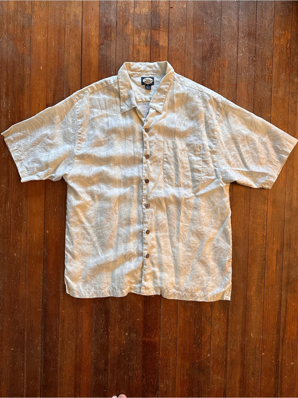Tommy Bahama beige linen floral shadow print short-sleeved button-down shirt